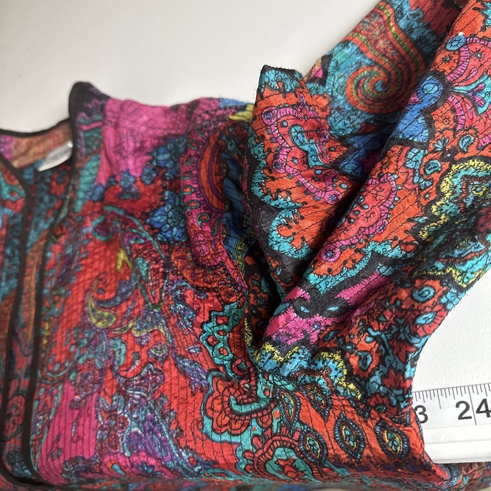 Chicos 100% Silk Jacket Paisley Boho Colorful Open Front Artsy Womens L Size 2 - Picture 7 of 10